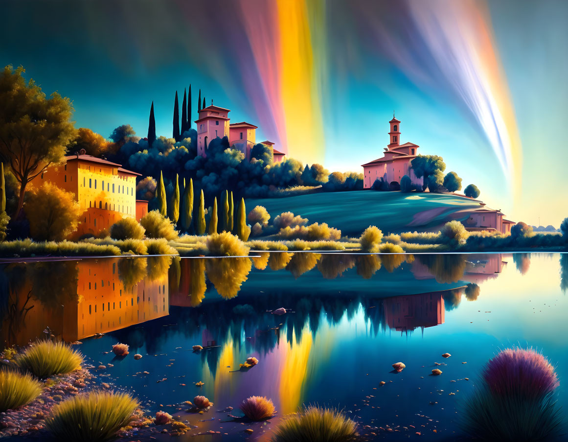 Colorful Landscape with Aurora Skies Reflecting on Lake and Italian Villas