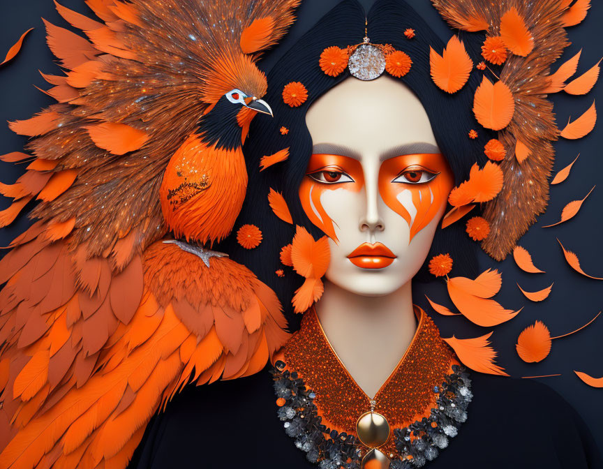 Stylized image of woman with orange and black makeup and peacock motifs