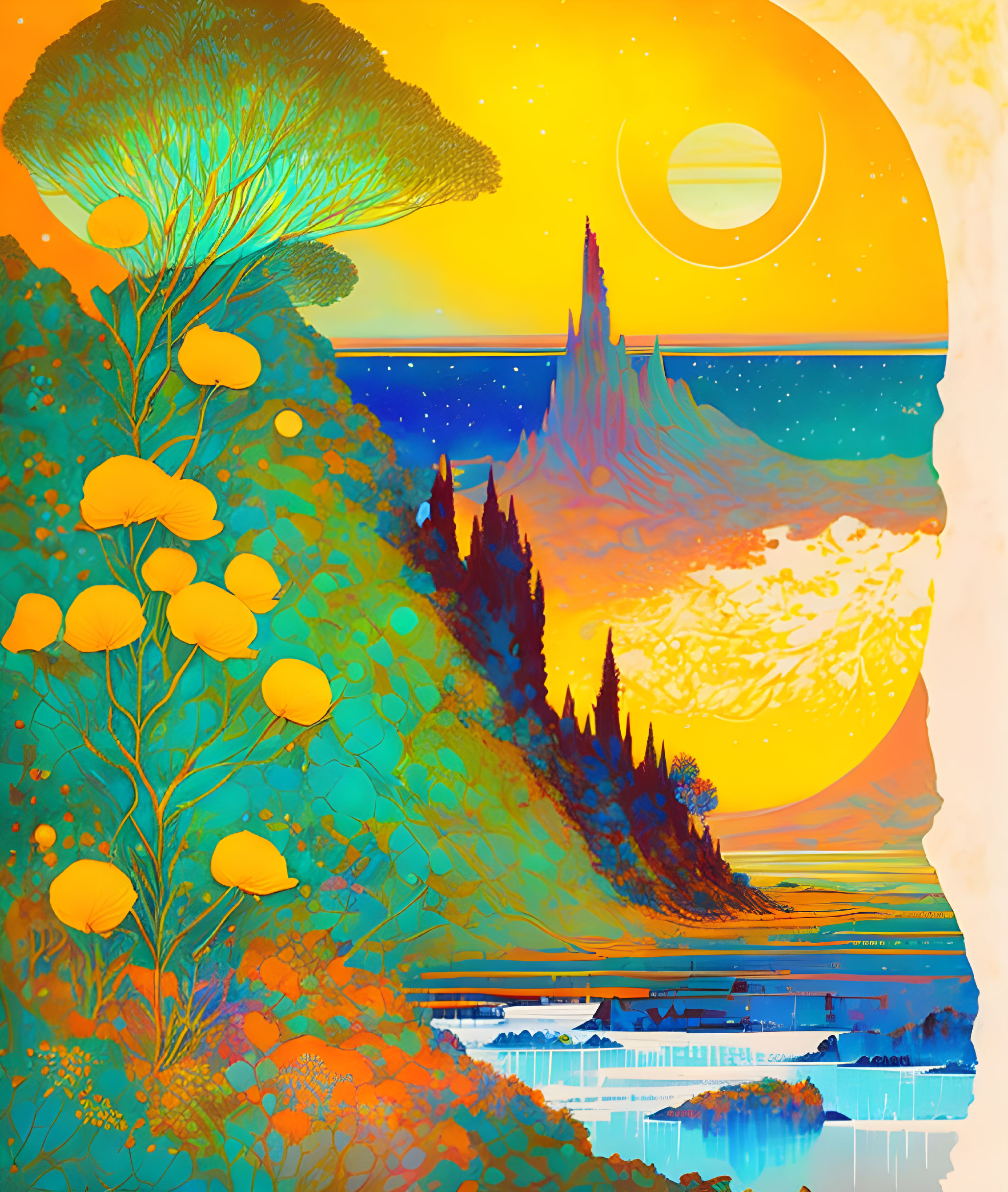 Colorful Surreal Landscape with Sun, Mountains, Trees, and Water