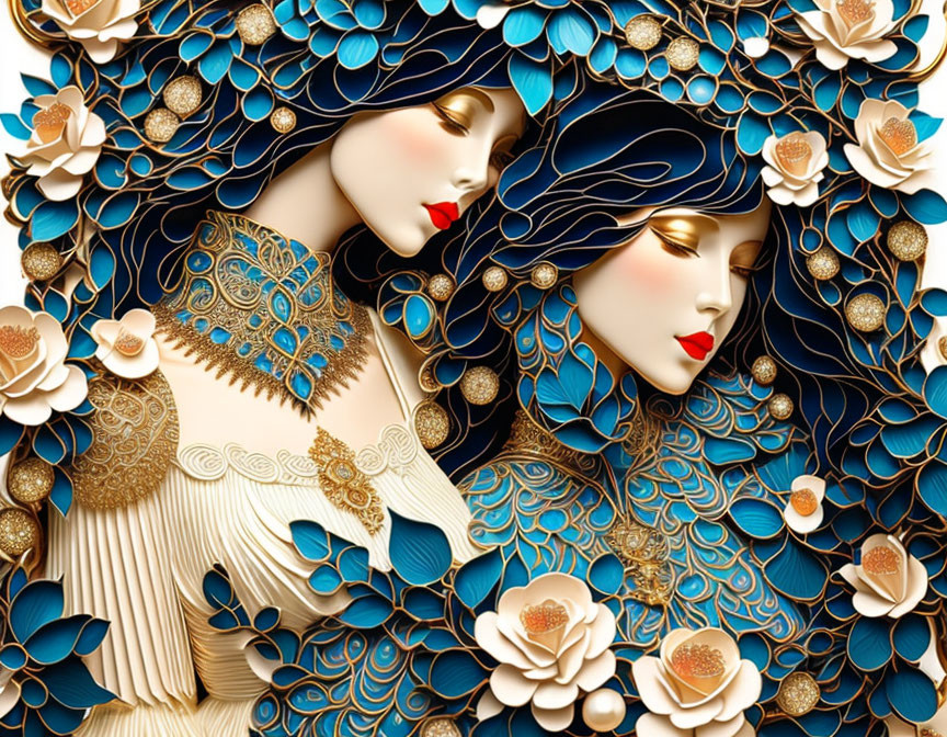 Illustration of two women with blue hair and gold flower accessories in ornate setting