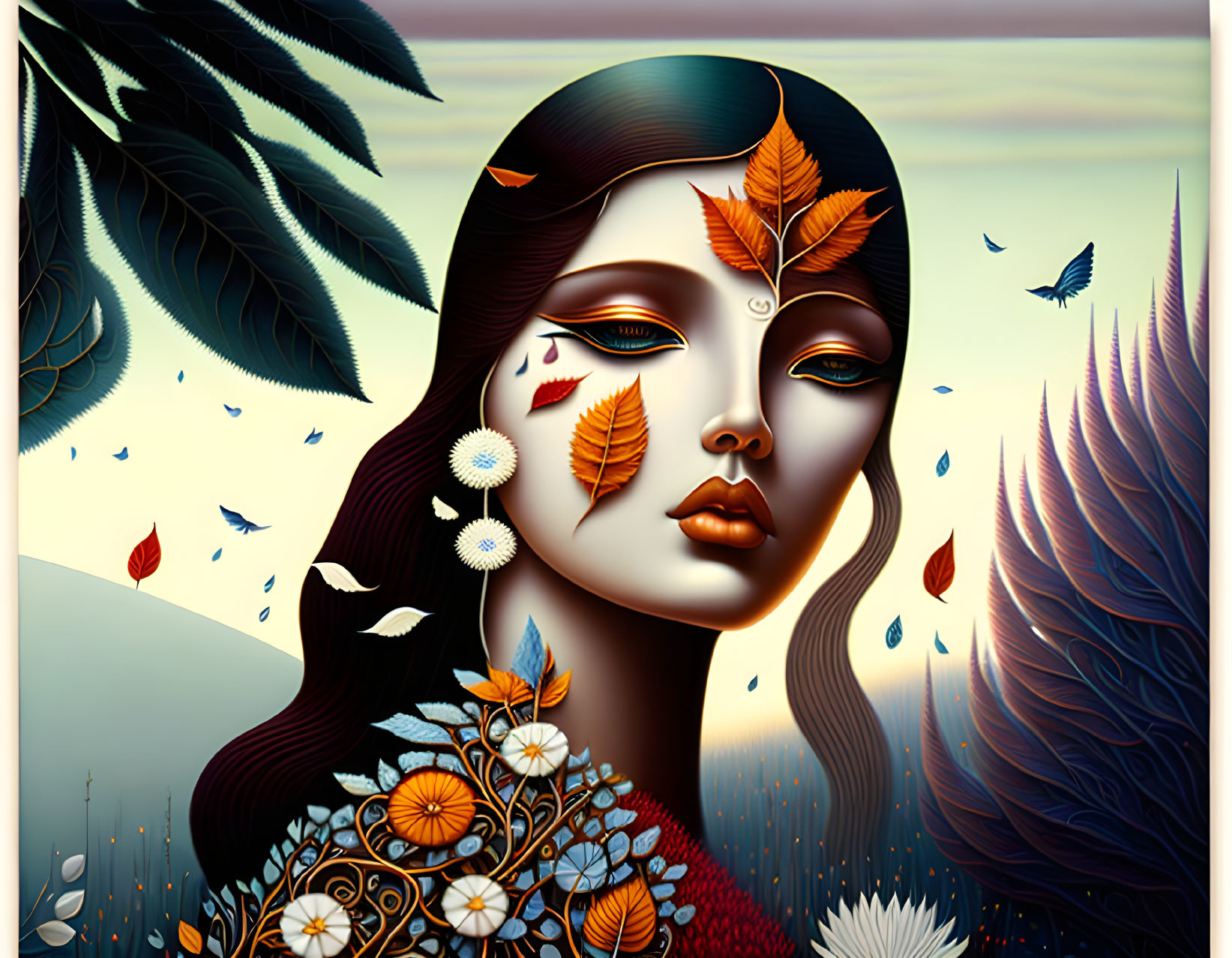 Illustration of woman's face with autumn leaves, flowers, butterfly, and surreal sunset.