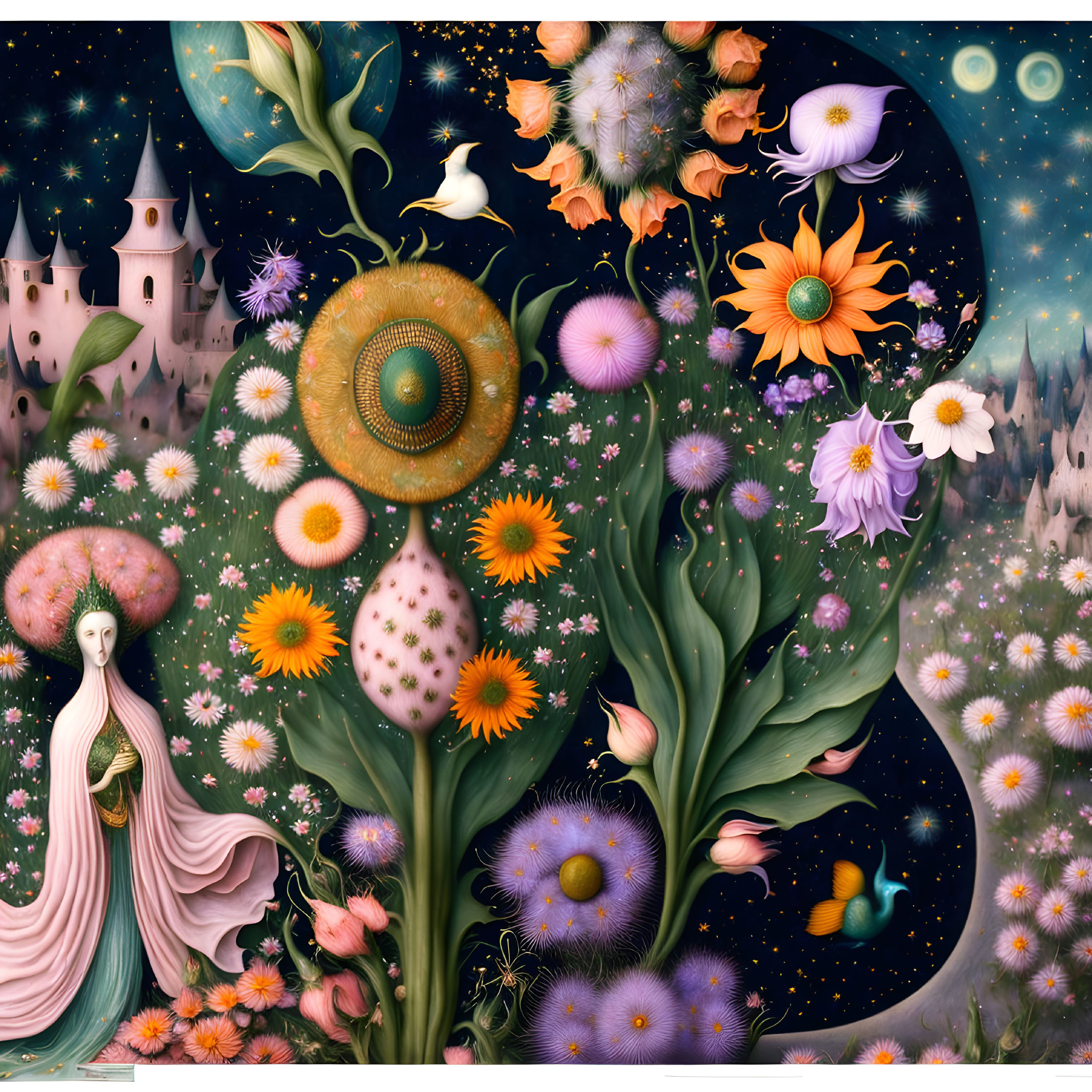 Surreal nature and fantasy illustration with woman, tree, flowers, castle, and celestial elements