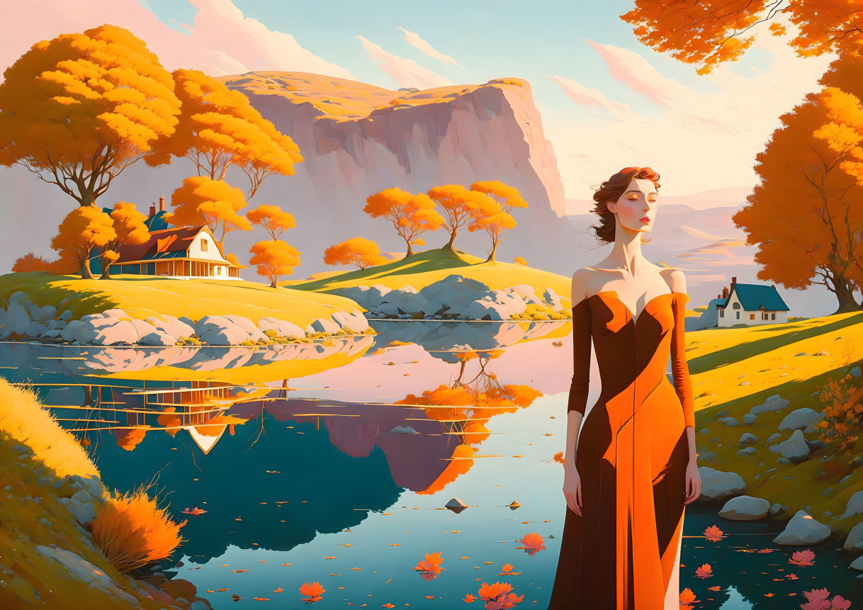 Illustrated woman in flowing dress by serene autumn lake