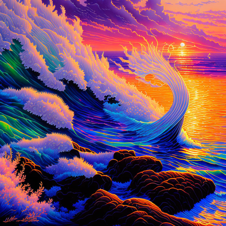 Colorful Ocean Wave Painting: Purple, Blue, and Orange Sunset Reflections