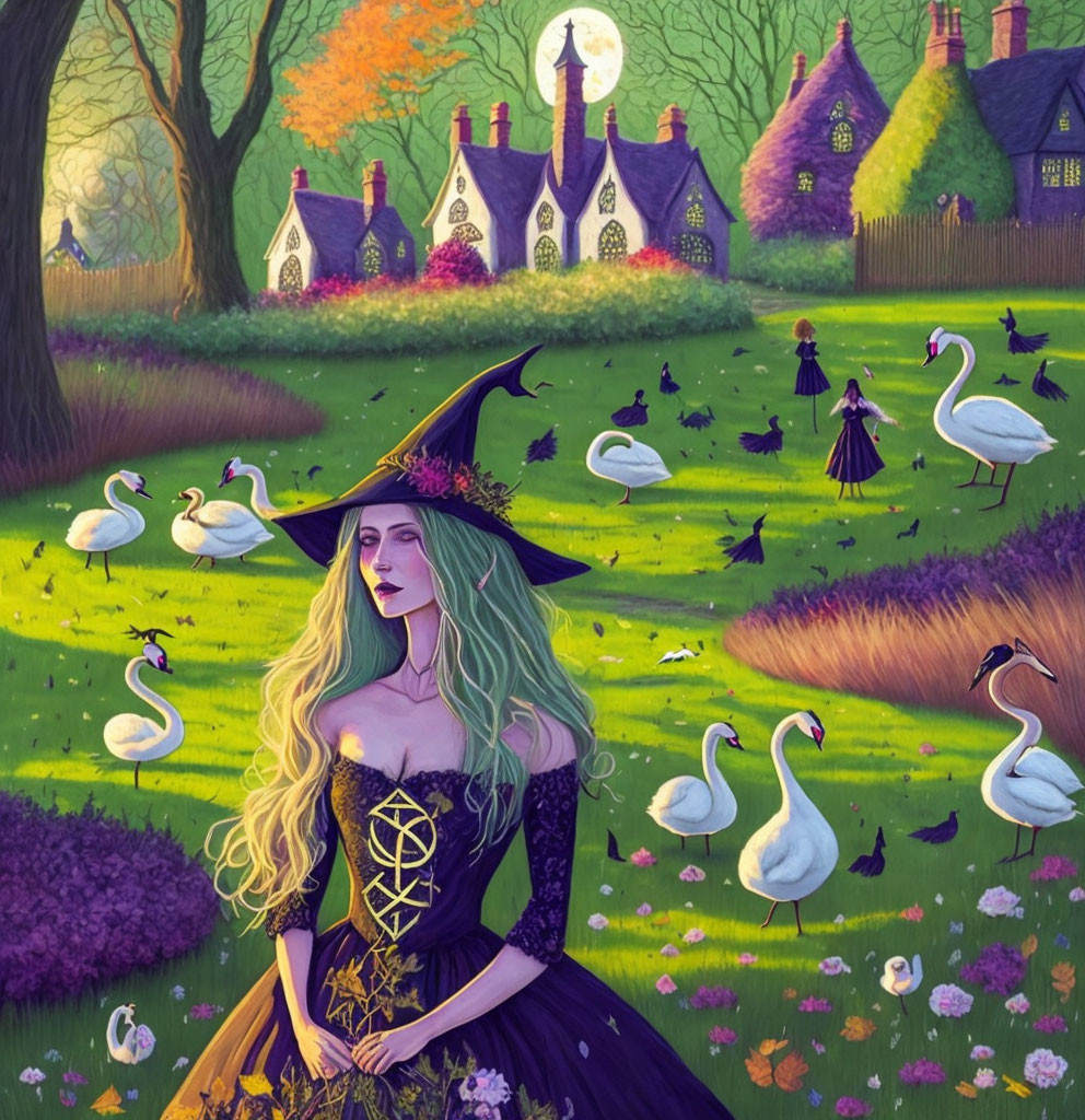 Whimsical witch with long hair in forest clearing with animals and cottages under full moon