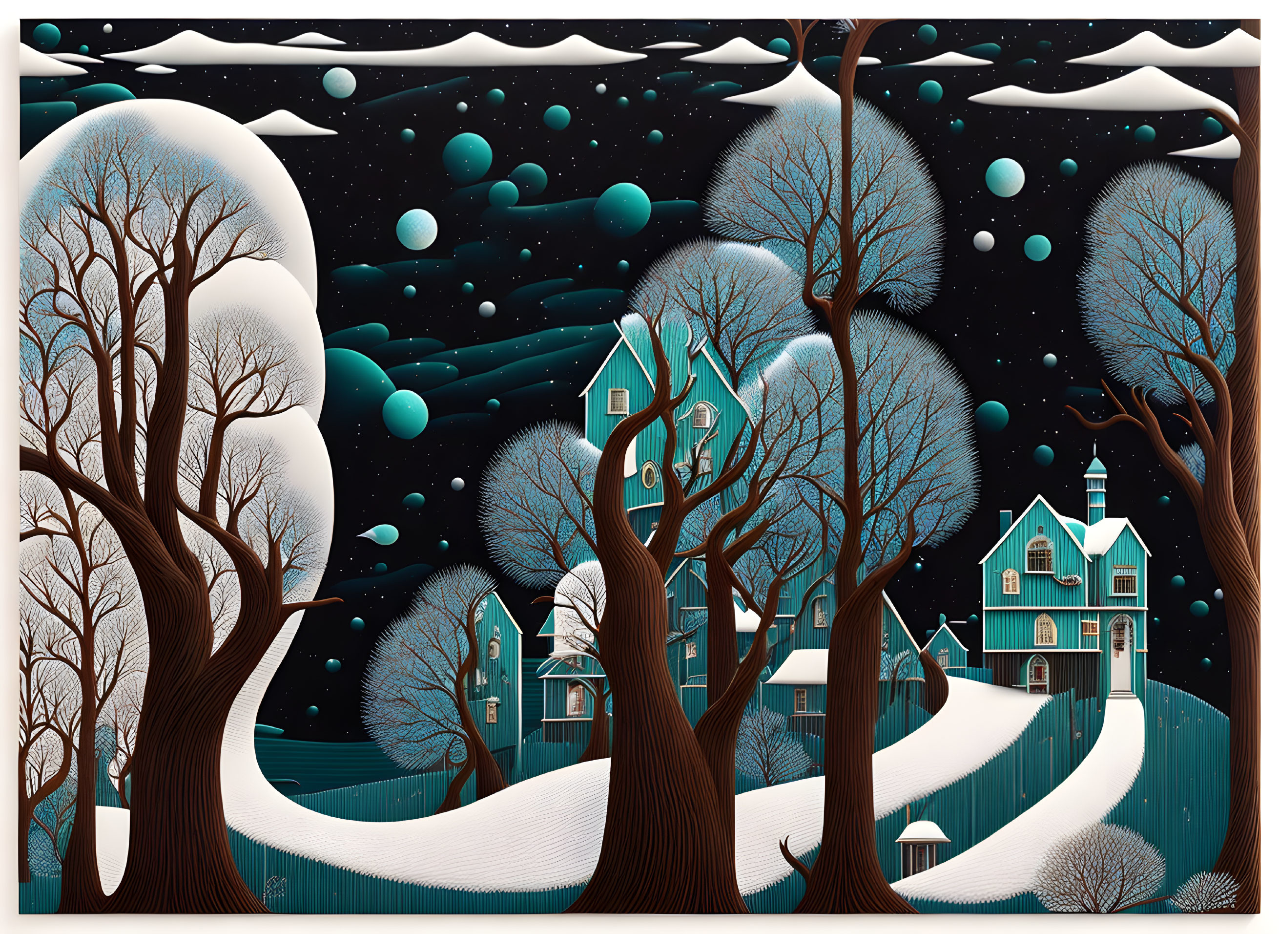 Winter night scene with bare trees, Victorian houses, starry sky, teal snowflakes.