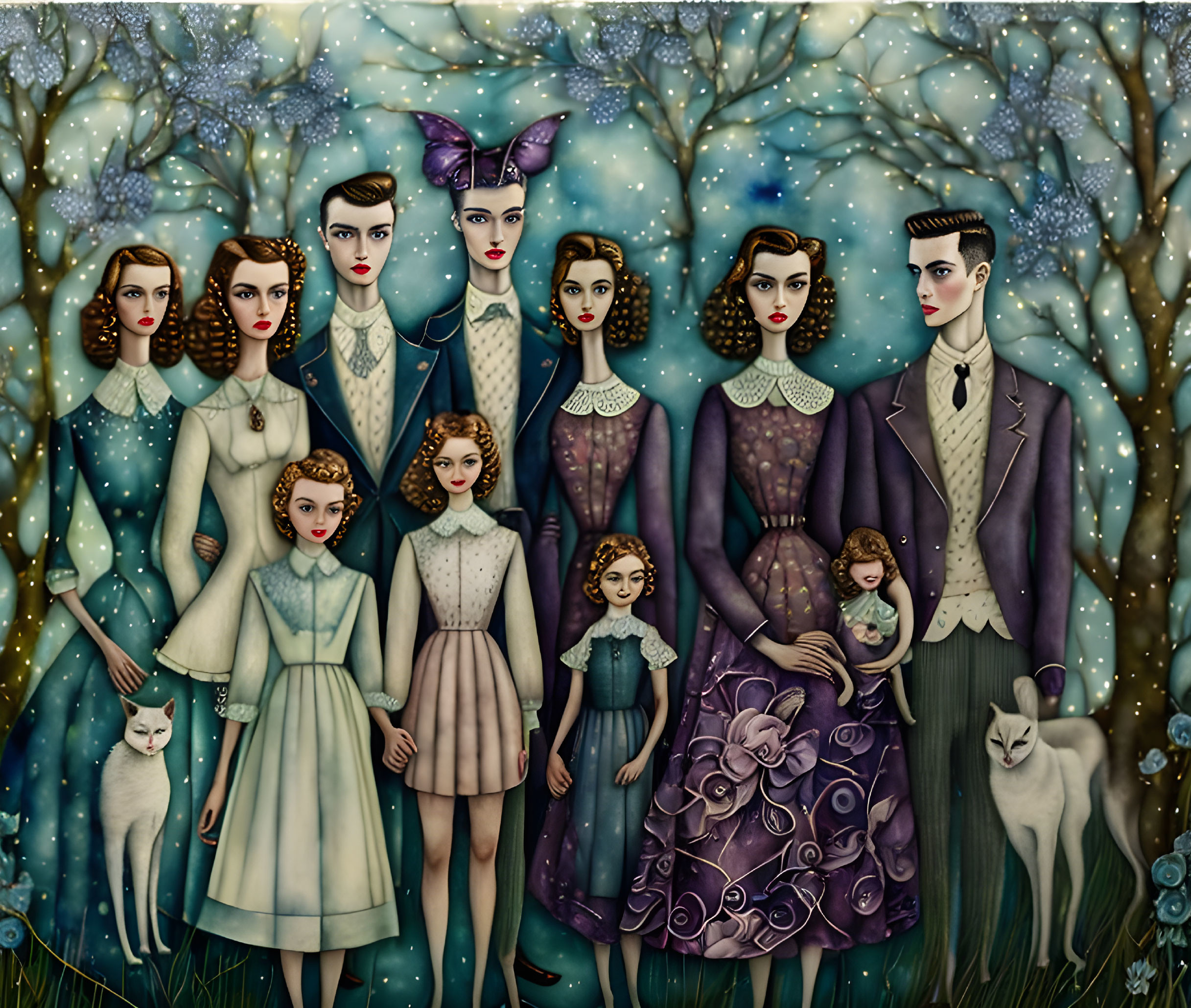 Surreal vintage-style illustration with nine people, cats, and whimsical background