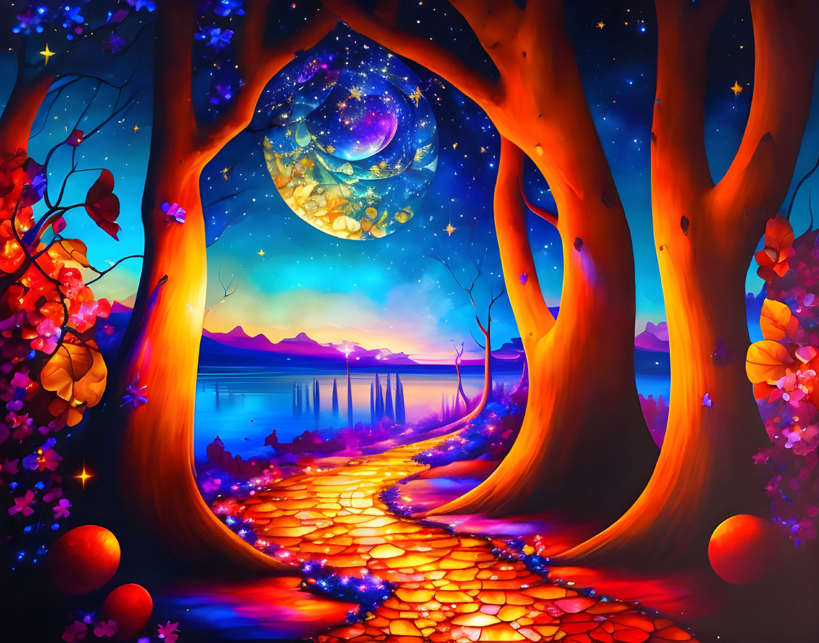 Vibrant fantasy landscape: glowing path, enchanted forest, starry sky