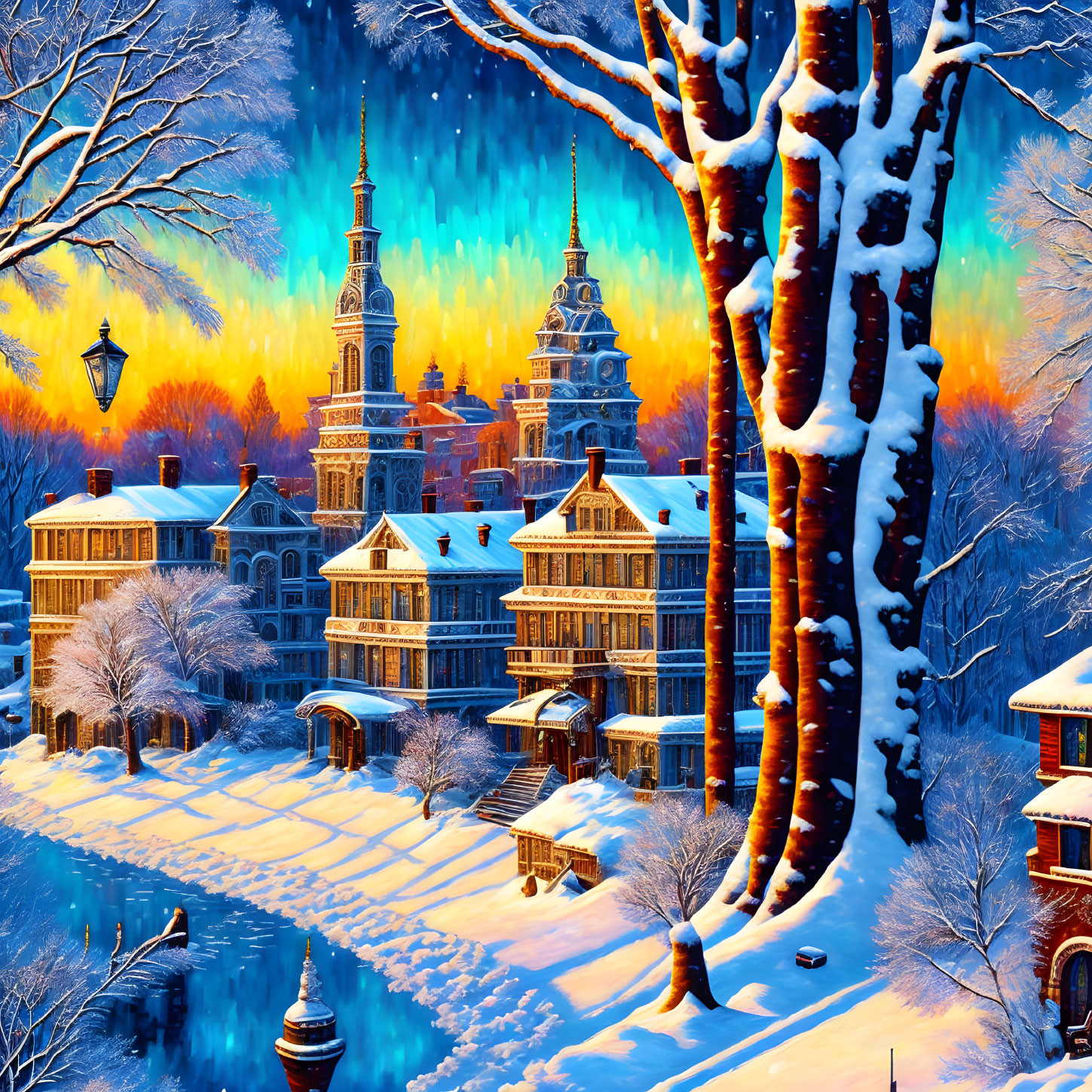 Snow-covered European-style buildings at sunset with trees and lampposts