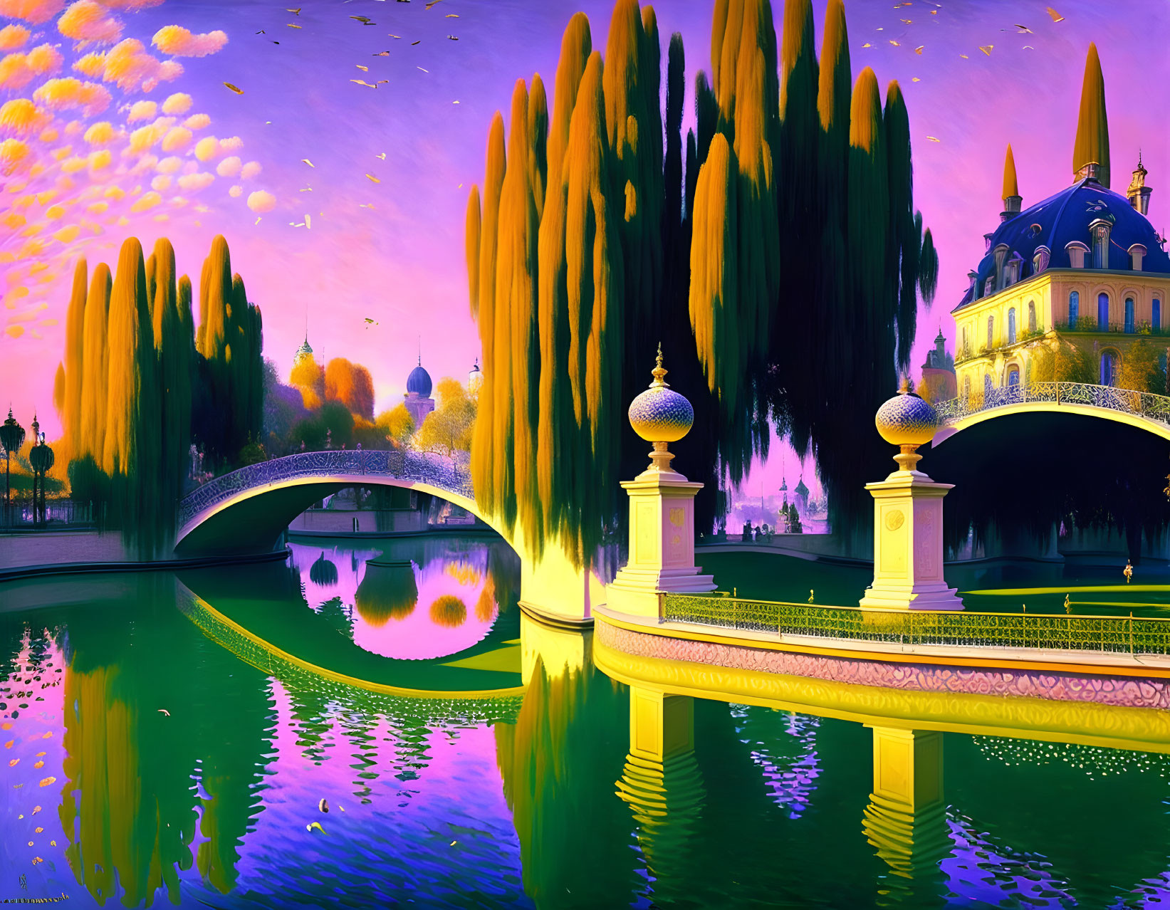 Vibrant painting of park with chateau, pond, bridge, trees, sunset sky