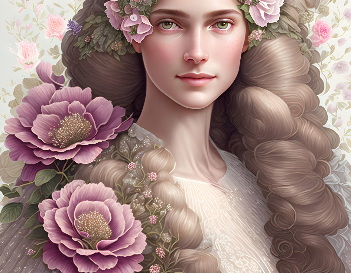 Woman with Floral Decorations in Wavy Hair: Serene and Whimsical Illustration