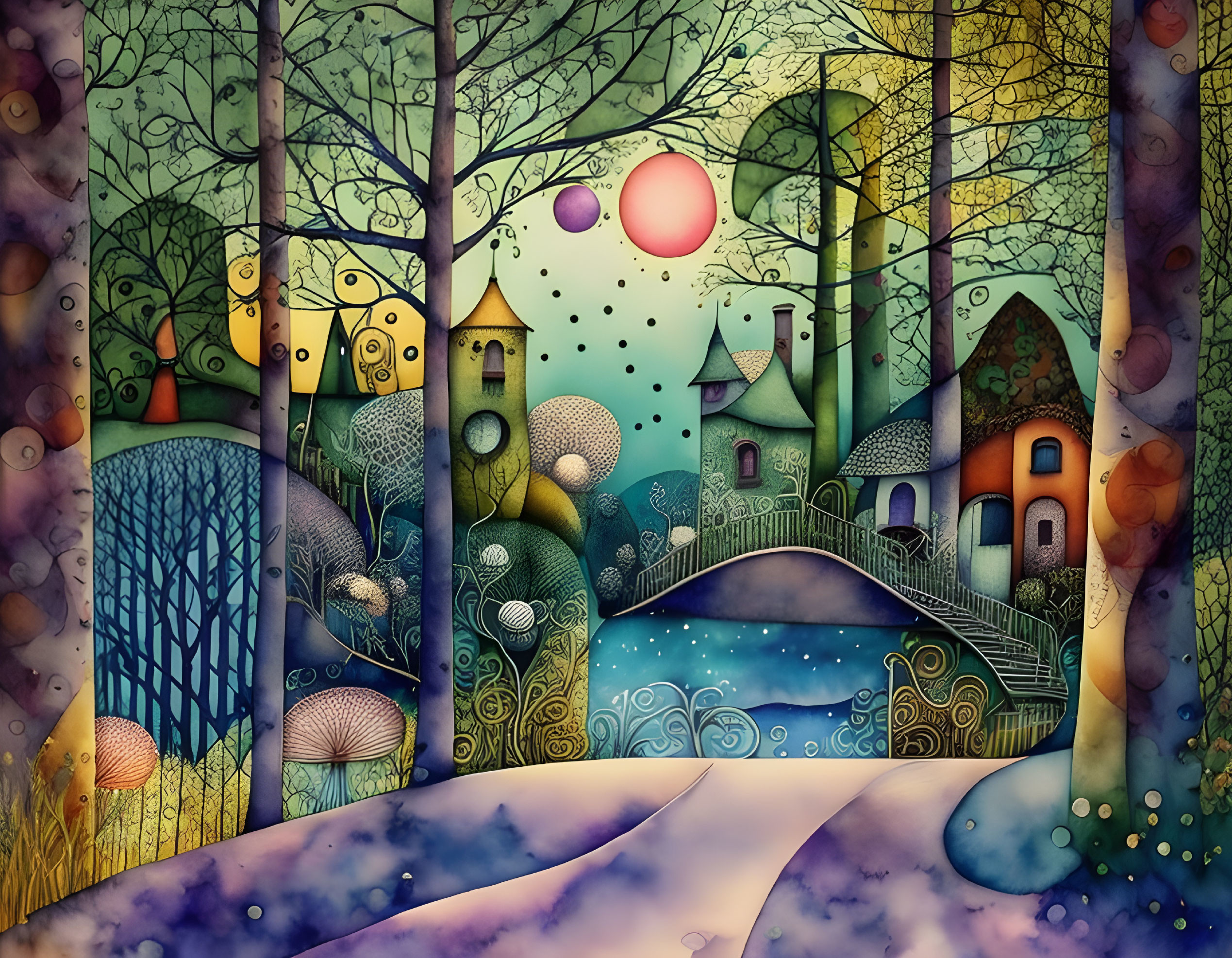 Colorful Fantasy Landscape Illustration with Trees, Houses, Bridge, Orbs, and Starry Sky