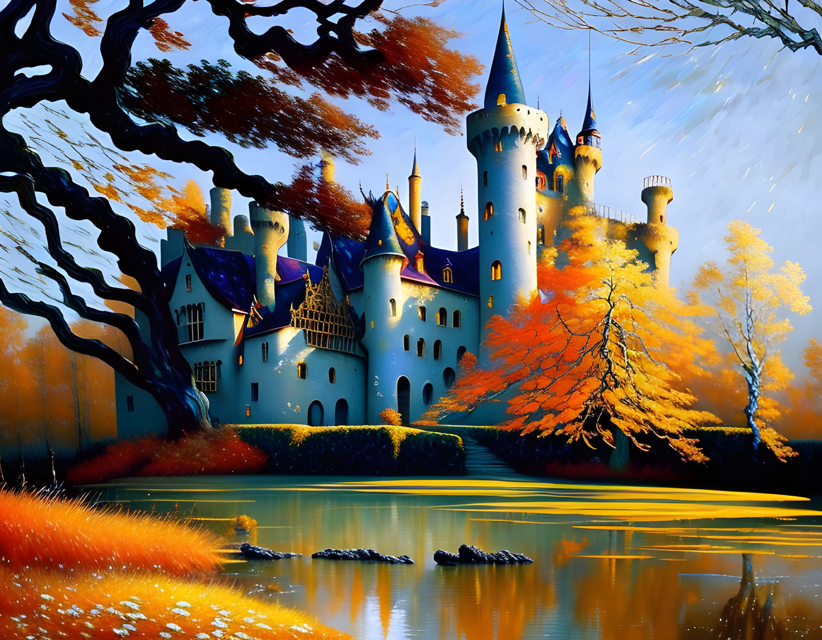 Majestic fairy-tale castle in autumnal setting by tranquil lake