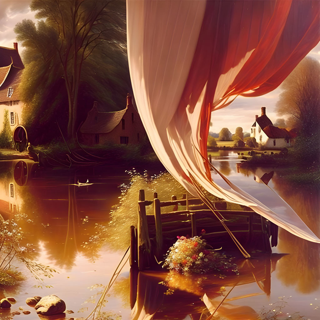 Tranquil sunset river scene with floating red cloth, traditional houses, and lush trees