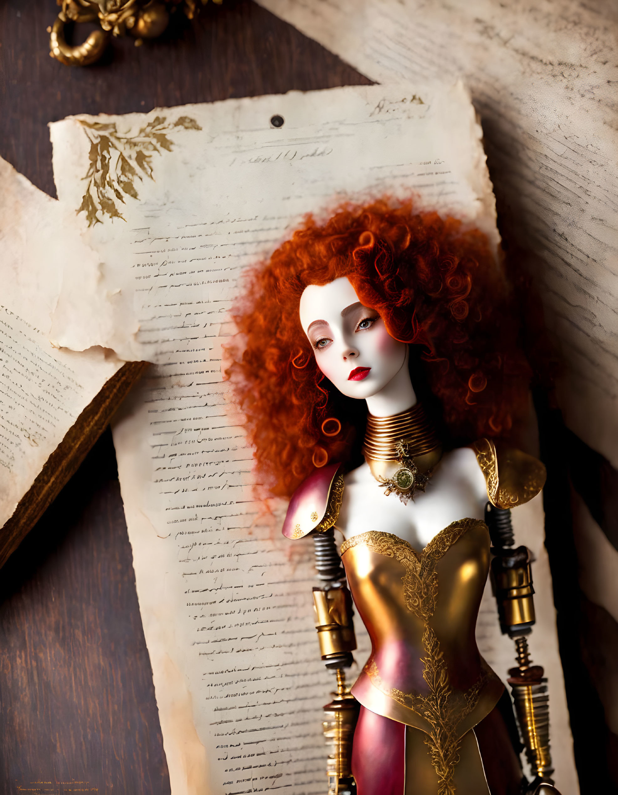 Intricately designed doll with red hair and golden armor on vintage pages