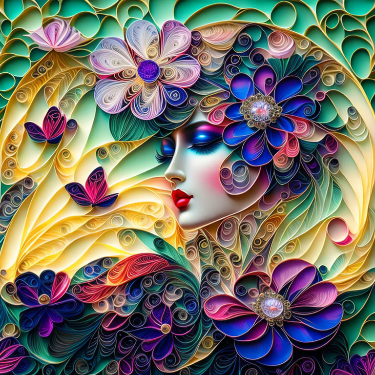 Colorful digital artwork of woman's profile with flowers and butterflies