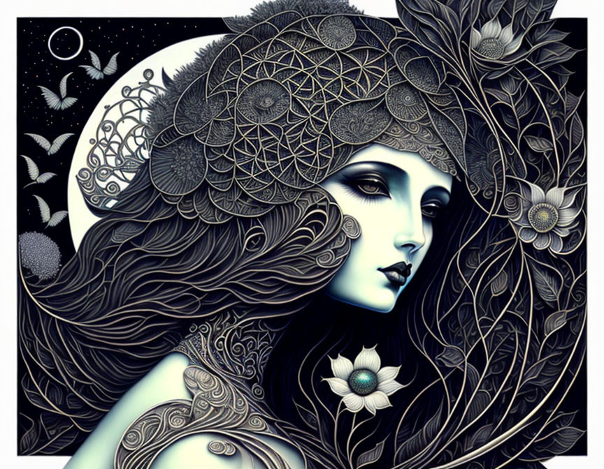 Detailed monochromatic illustration of woman with ornate floral headdress