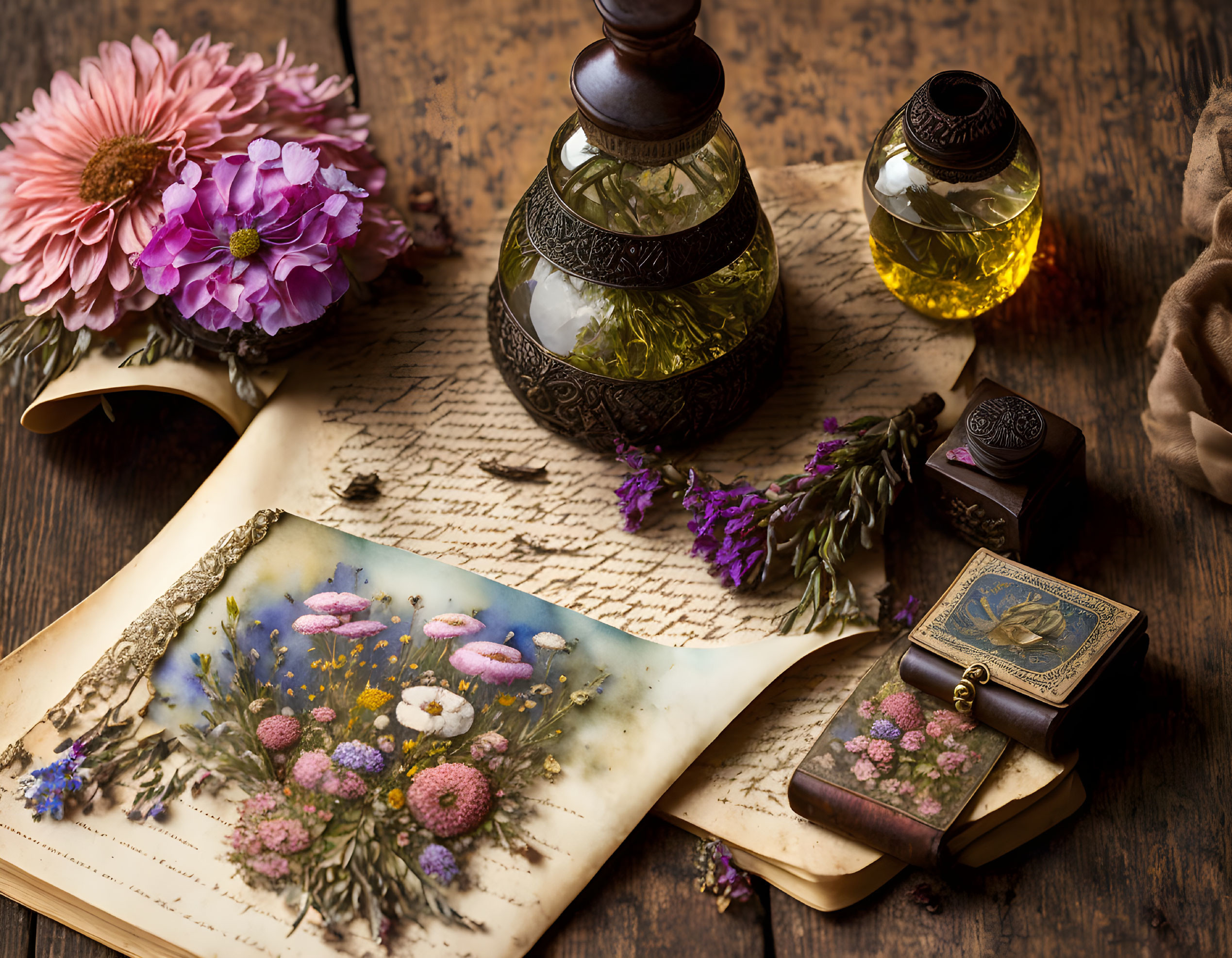 Classic Still Life Composition with Open Book, Inkwell, Quill, and Decorative Items