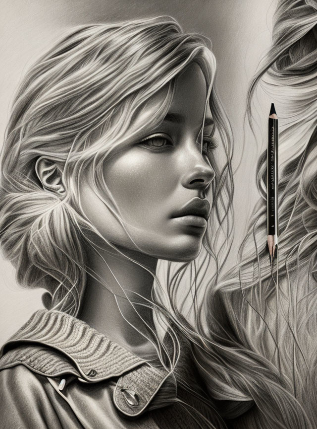 Detailed pencil drawing of a woman in profile with flowing hair and contemplative expression