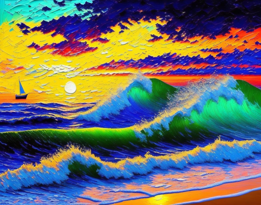 Vibrant ocean scene with colorful waves, sailboat, and sunset sky