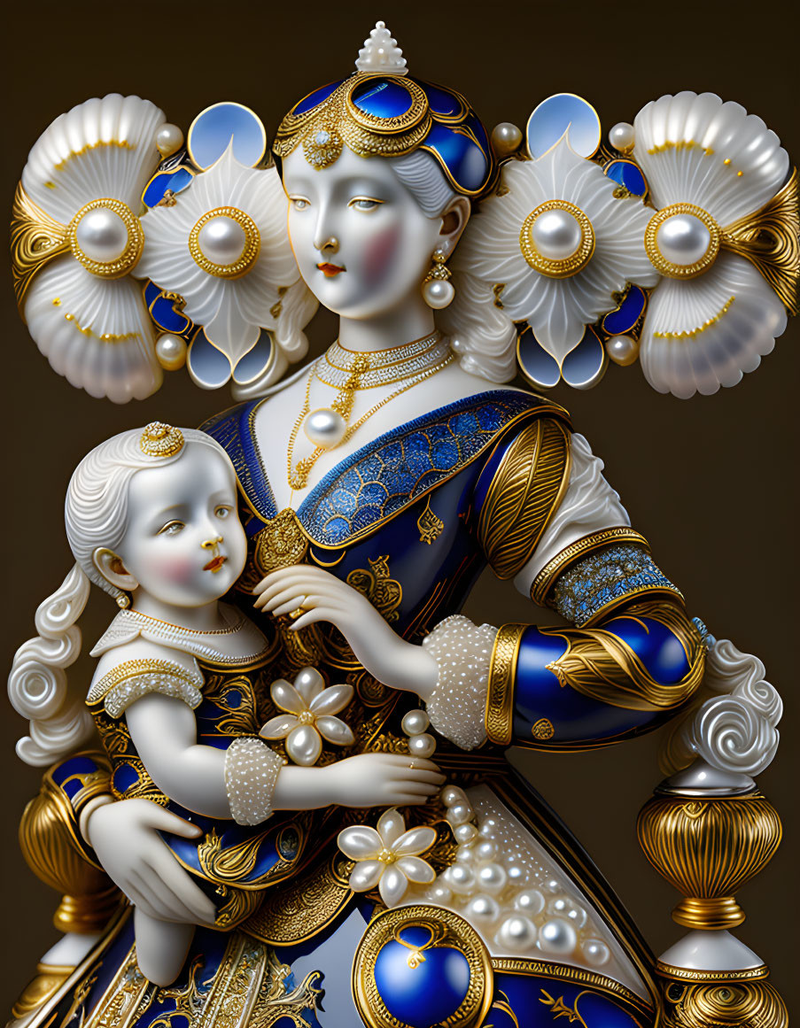 Intricate blue and gold regal woman with child in ornate illustration