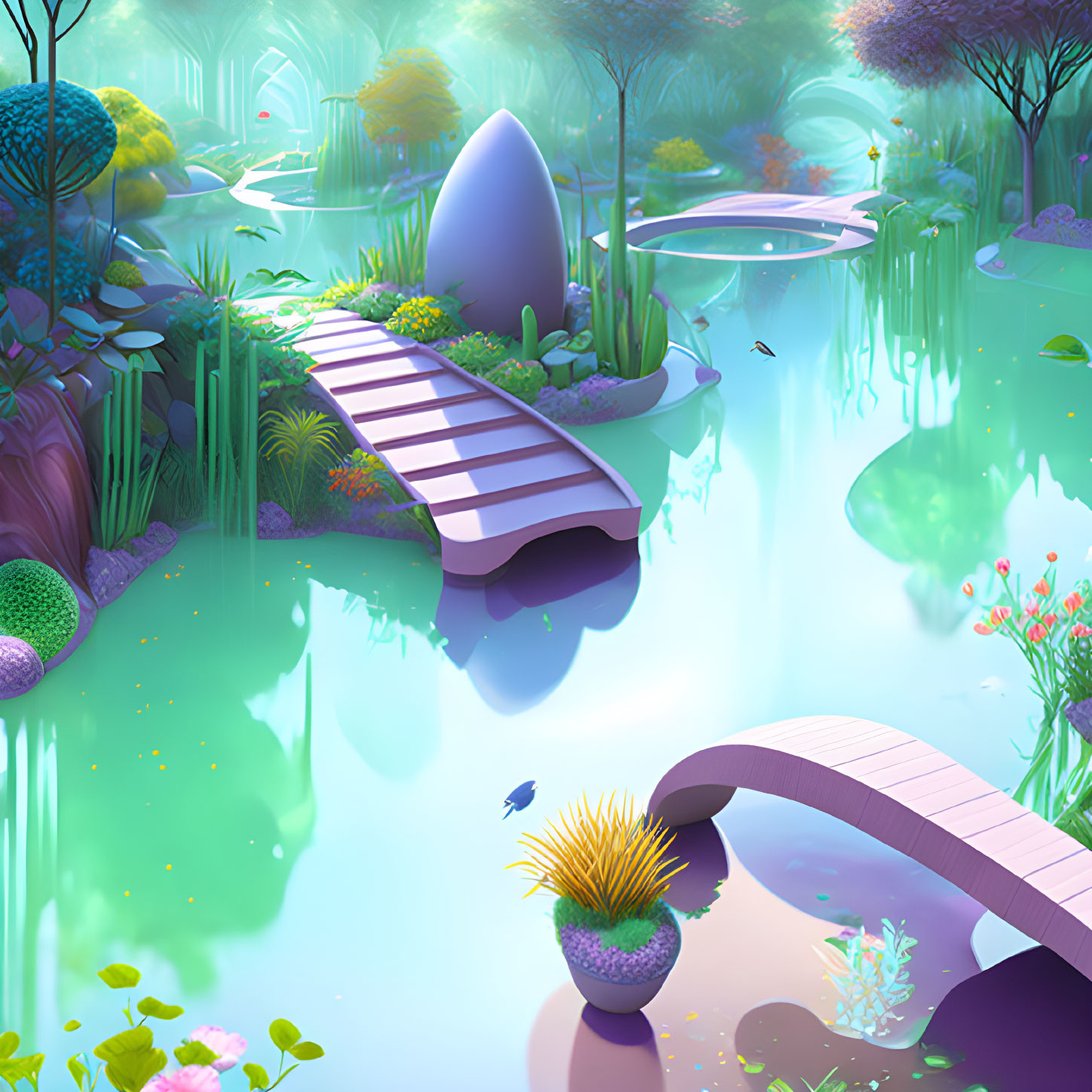 Surreal landscape with lush greenery, whimsical bridges, and oversized egg in colorful garden