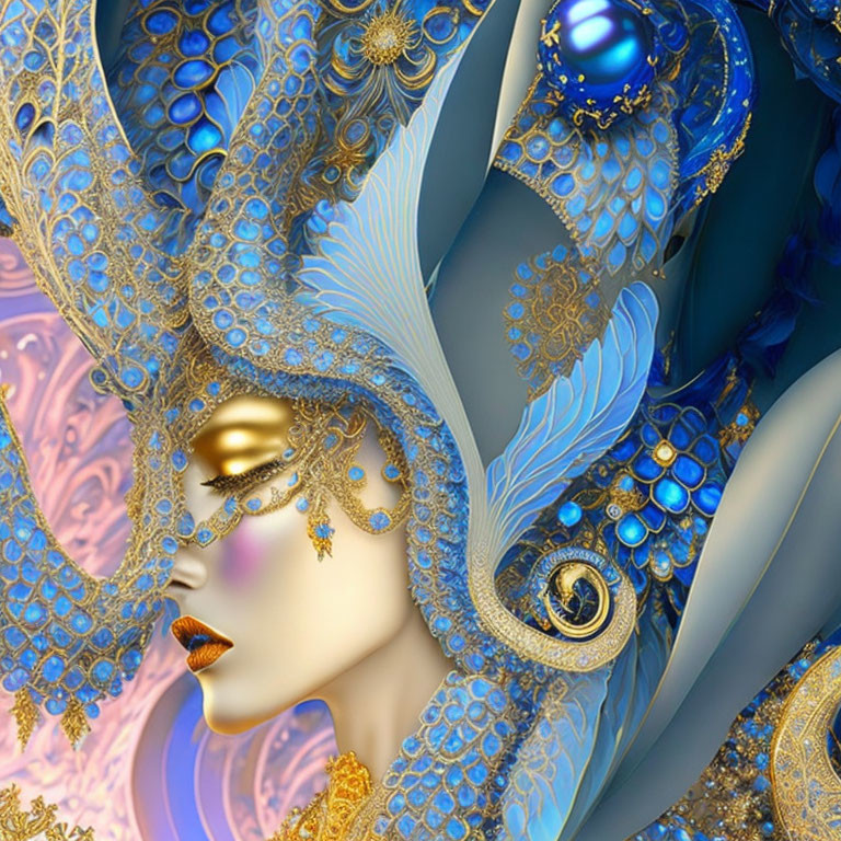 Intricate Fractal Image of Golden and Blue Masquerade Mask