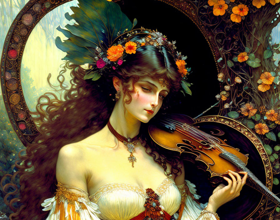 Detailed artwork of woman with brown hair, wearing headpiece, holding violin against floral backdrop