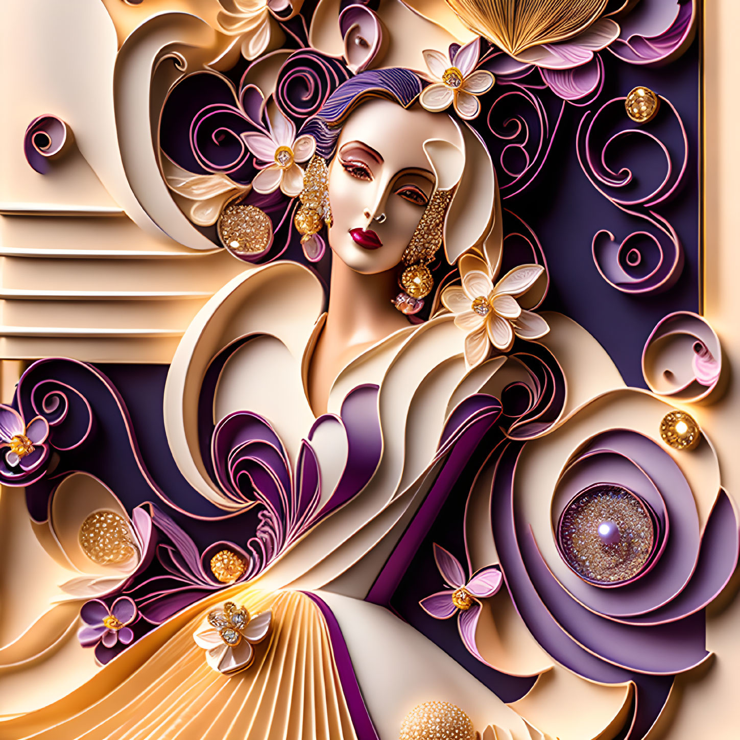 Stylized woman with purple and gold floral designs and geometric shapes