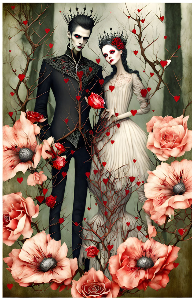 Gothic couple in elegant attire with red roses and thorny branches