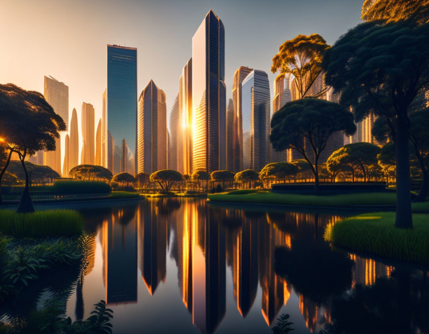 Modern skyline sunrise with skyscrapers reflected in water amid greenery