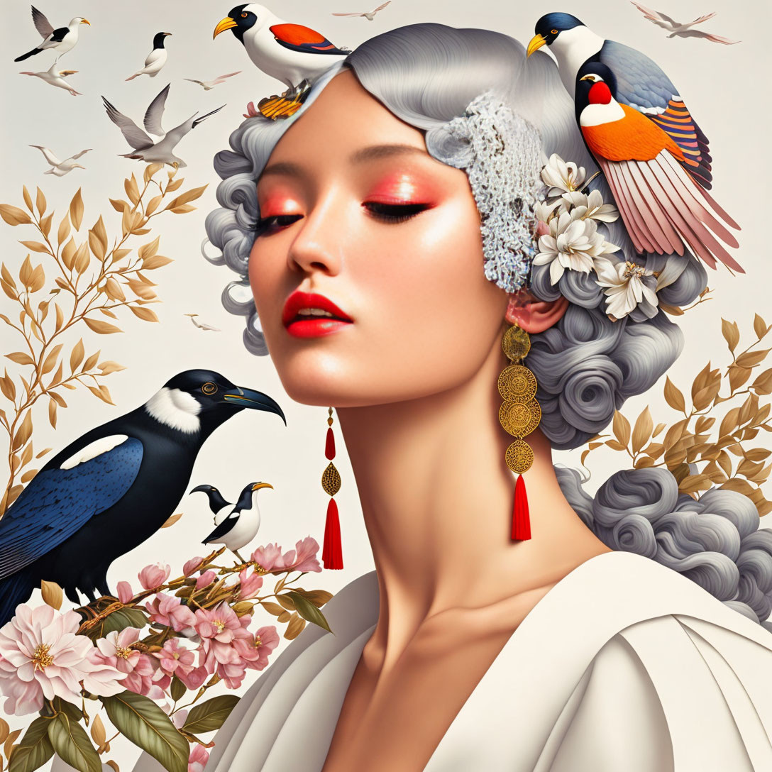 Detailed illustration of woman with gray hair, white flowers, birds, and red earrings