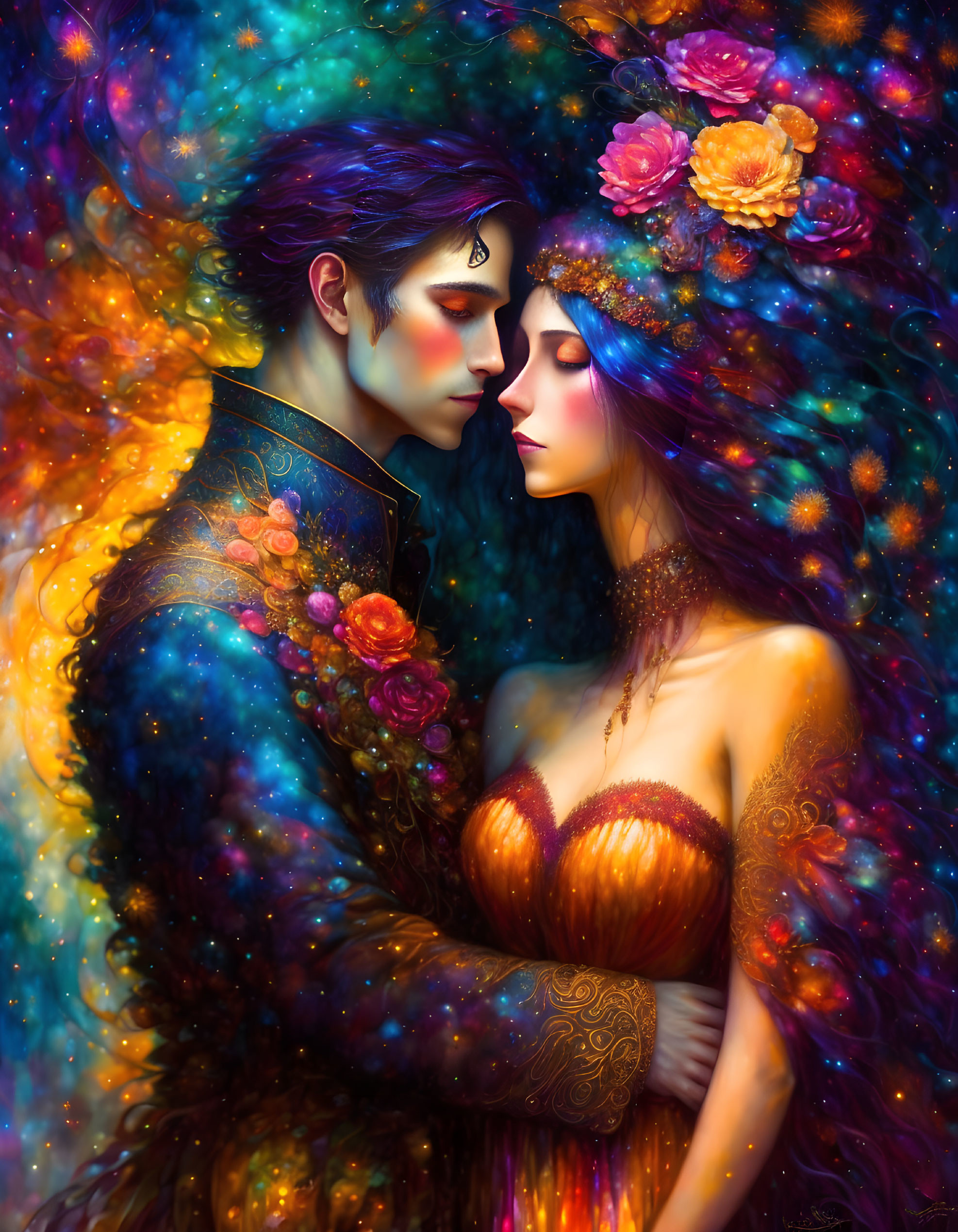 Fantasy romantic couple embraced in cosmic hues and floral adornments