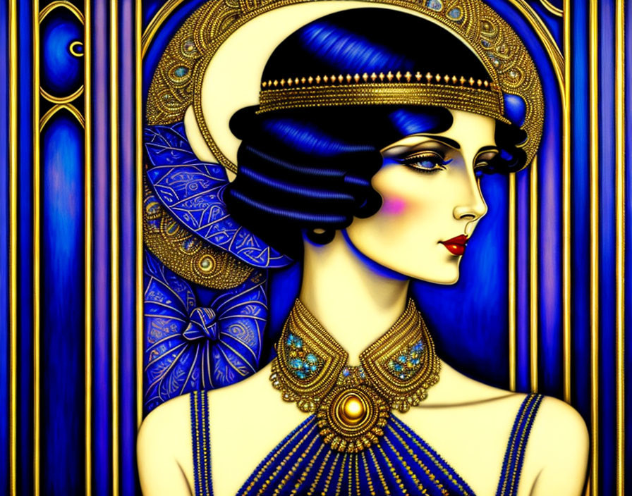 Art Deco Style Illustration of Elegant Woman with Dark Hair and Jeweled Headpiece