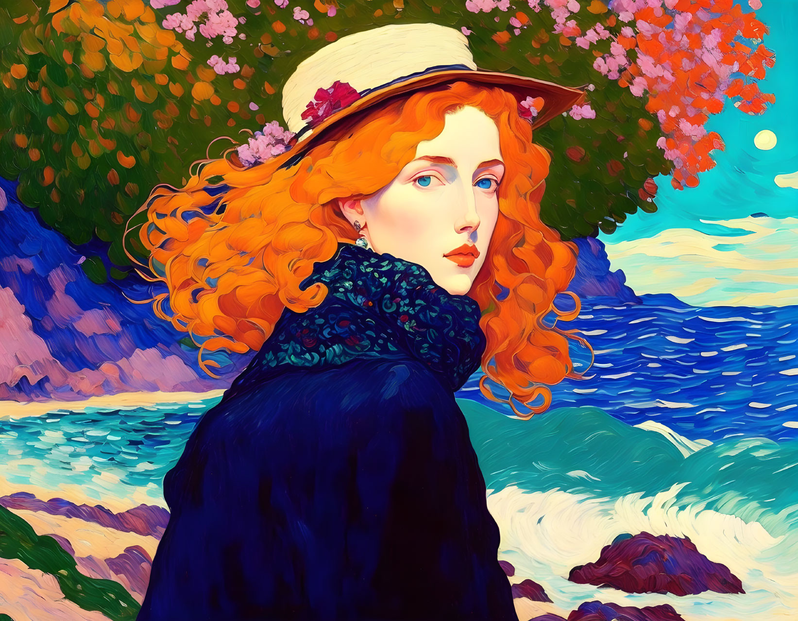 Colorful painting: Woman with red hair and hat, trees, blue sea.