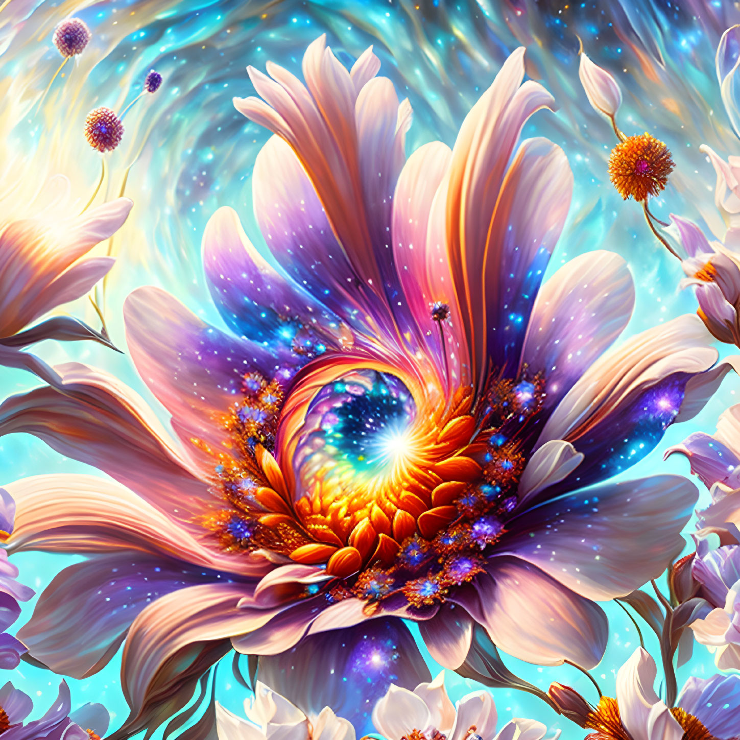 Fantastical purple and orange flower in digital art