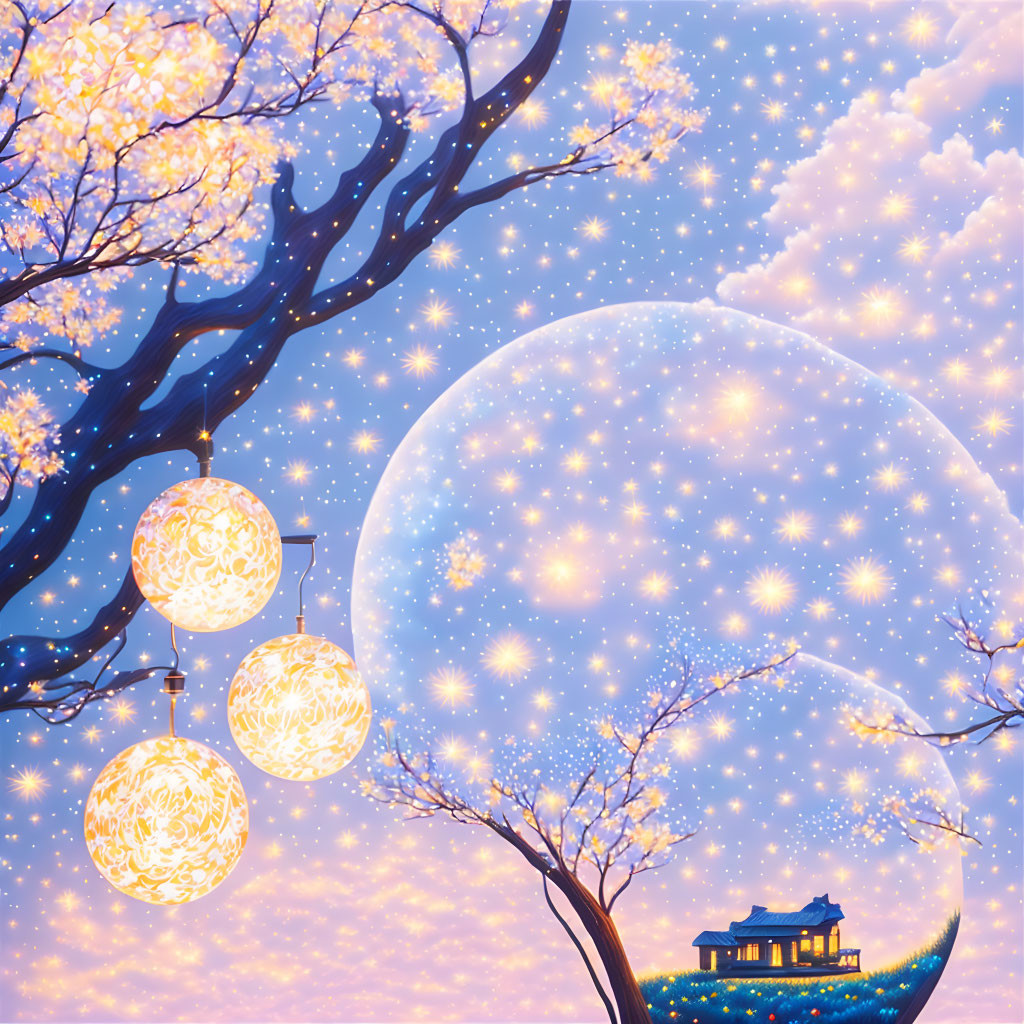 Glowing moon, stars, cherry blossoms, lanterns, pavilion in whimsical scene