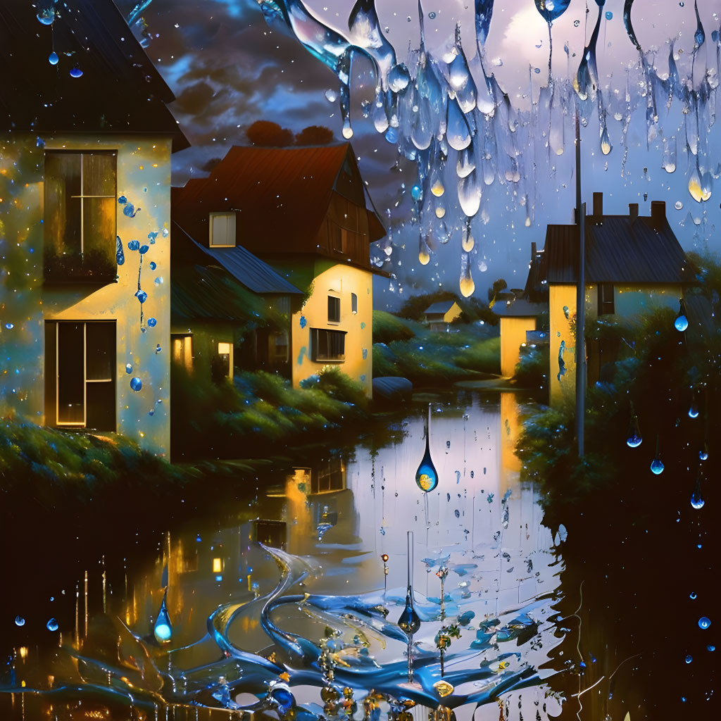 Surreal nocturnal scene: houses, reflections, luminous raindrops