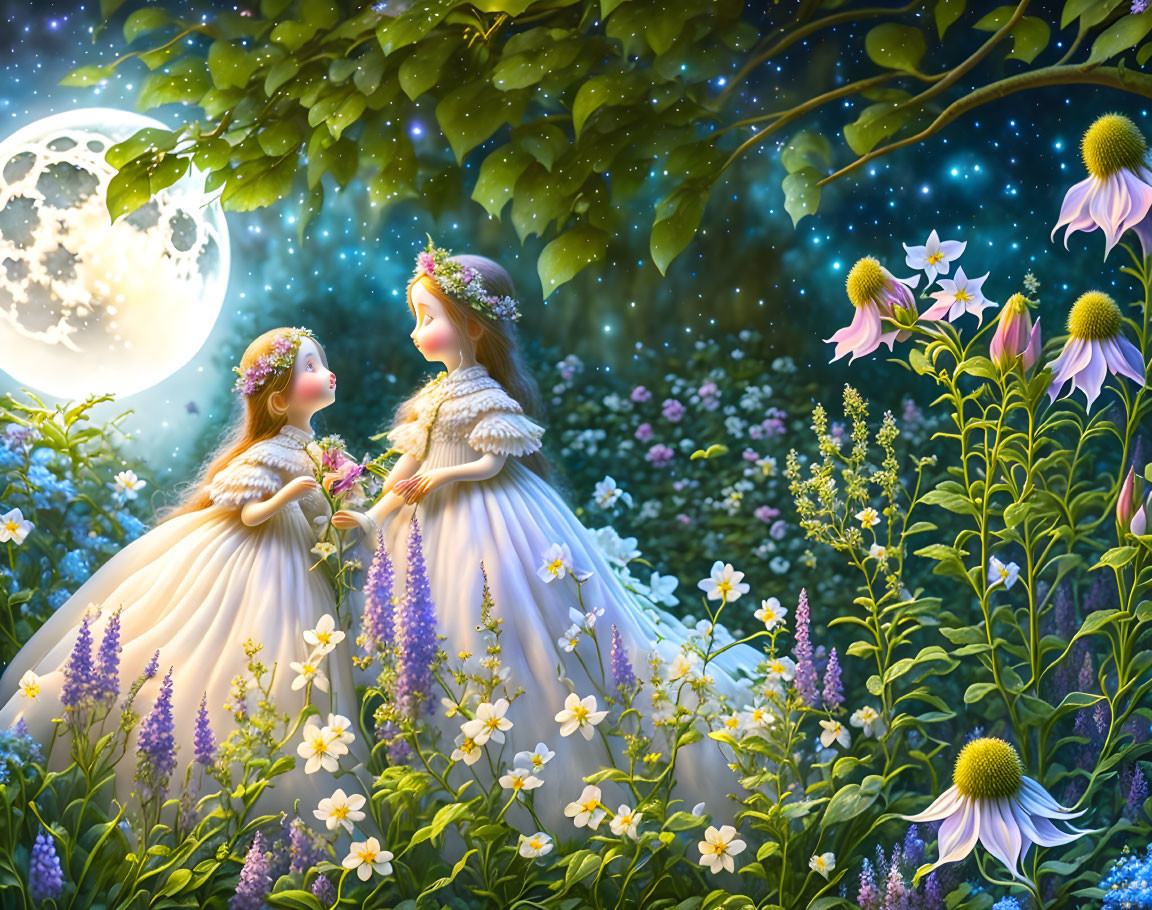 Ethereal girls in white dresses under a full moon in enchanted garden