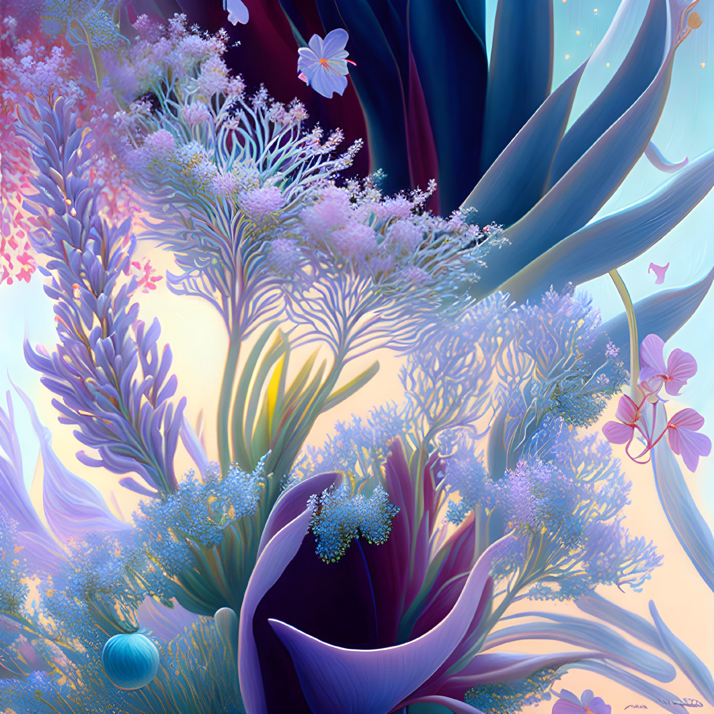 Colorful otherworldly garden with lush blue, purple, and pink plants