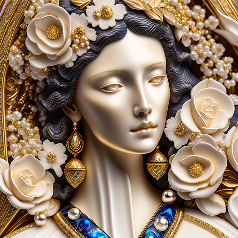 Stylized portrait of a woman with porcelain skin, gold jewelry, pearls, and white roses.