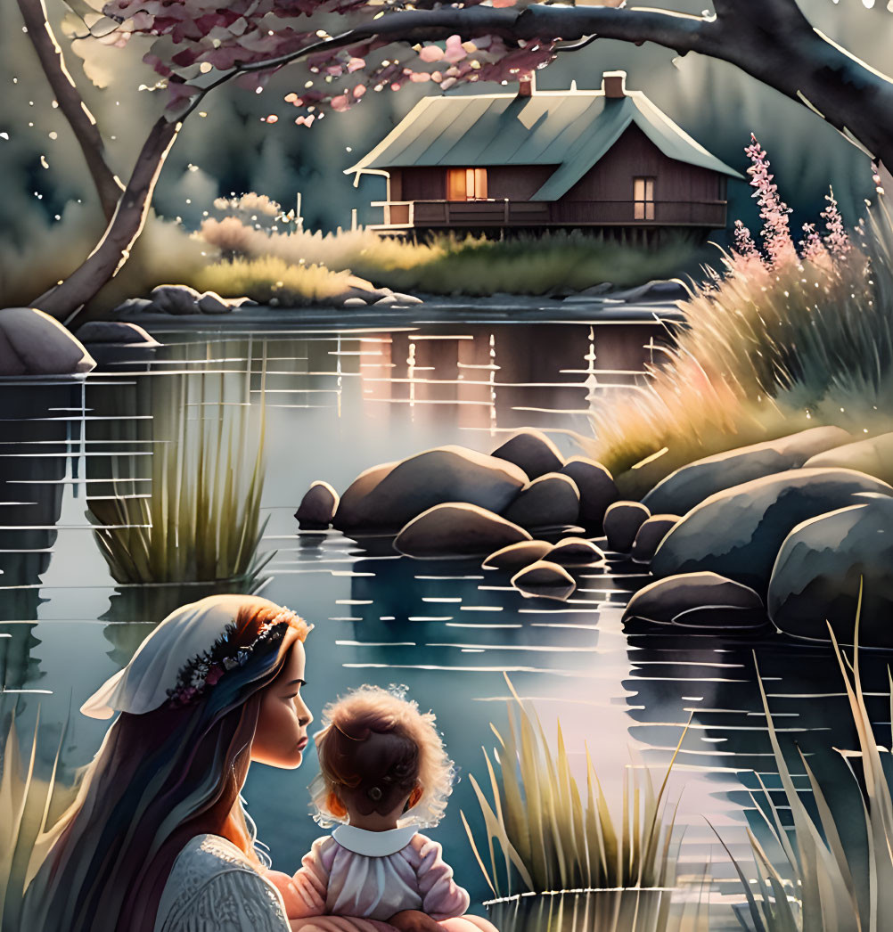 Tranquil lakeside scene with woman and baby near cabin