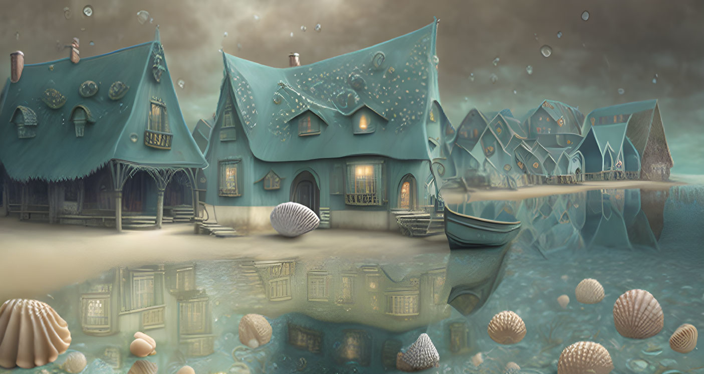 Whimsical fantasy seaside town with blue houses, wooden dock, boat, seashells under dus