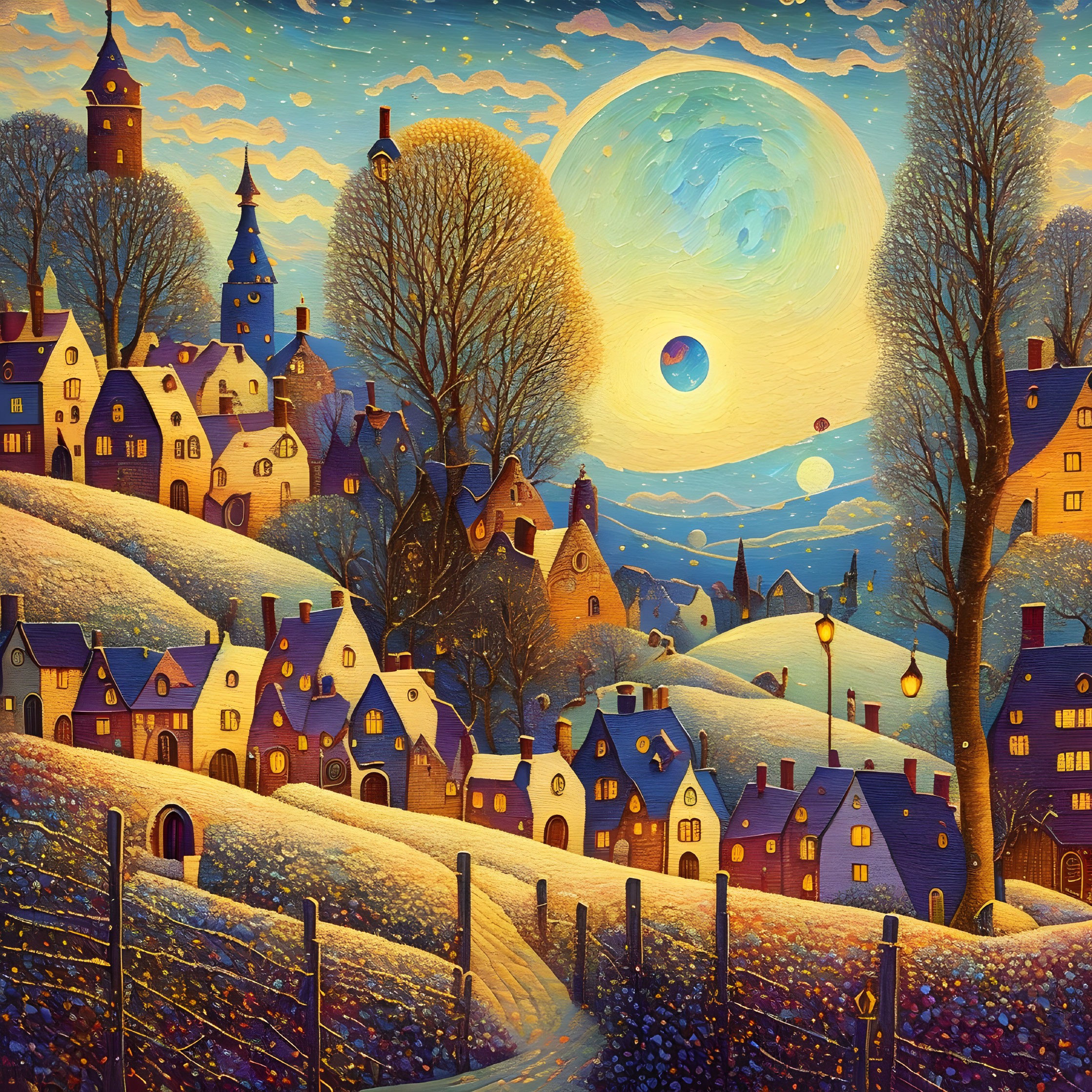 Colorful village painting with moon, stars, houses, trees, and castle on hill at night