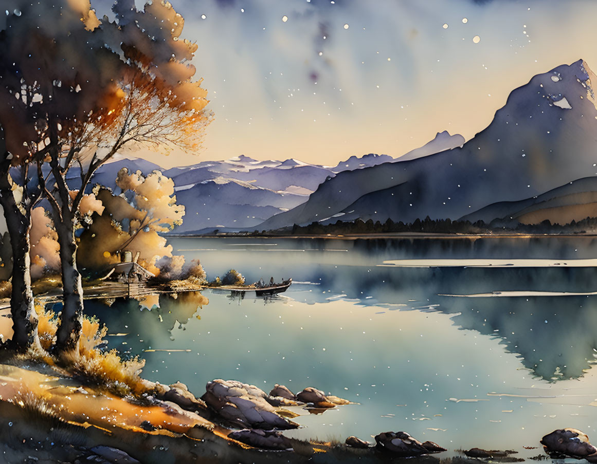 Snowy mountains reflected in tranquil lake at dusk with boat, dock, autumn trees, and starry