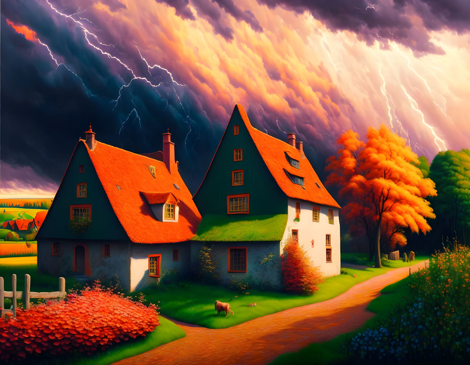 Traditional houses under dramatic sky with approaching lightning and lush trees.