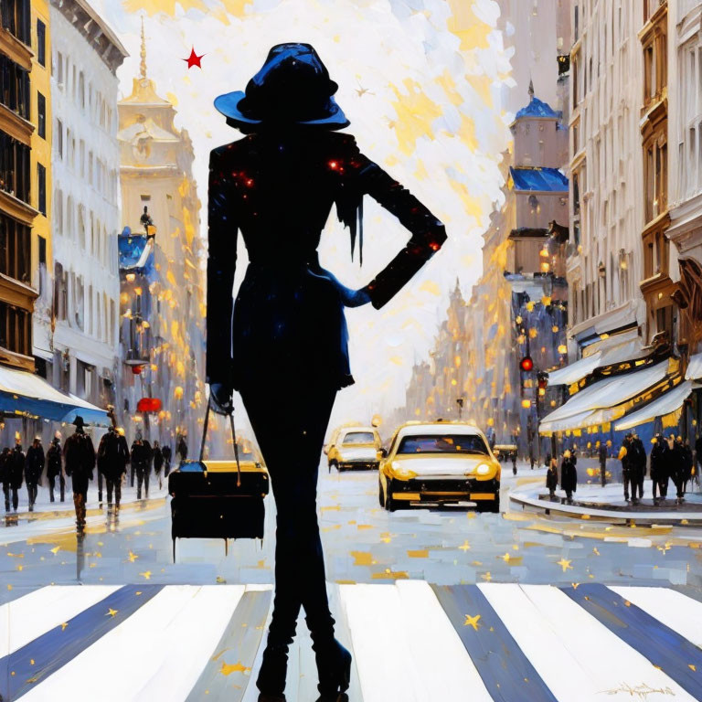 Stylized painting of woman in silhouette on vibrant city street