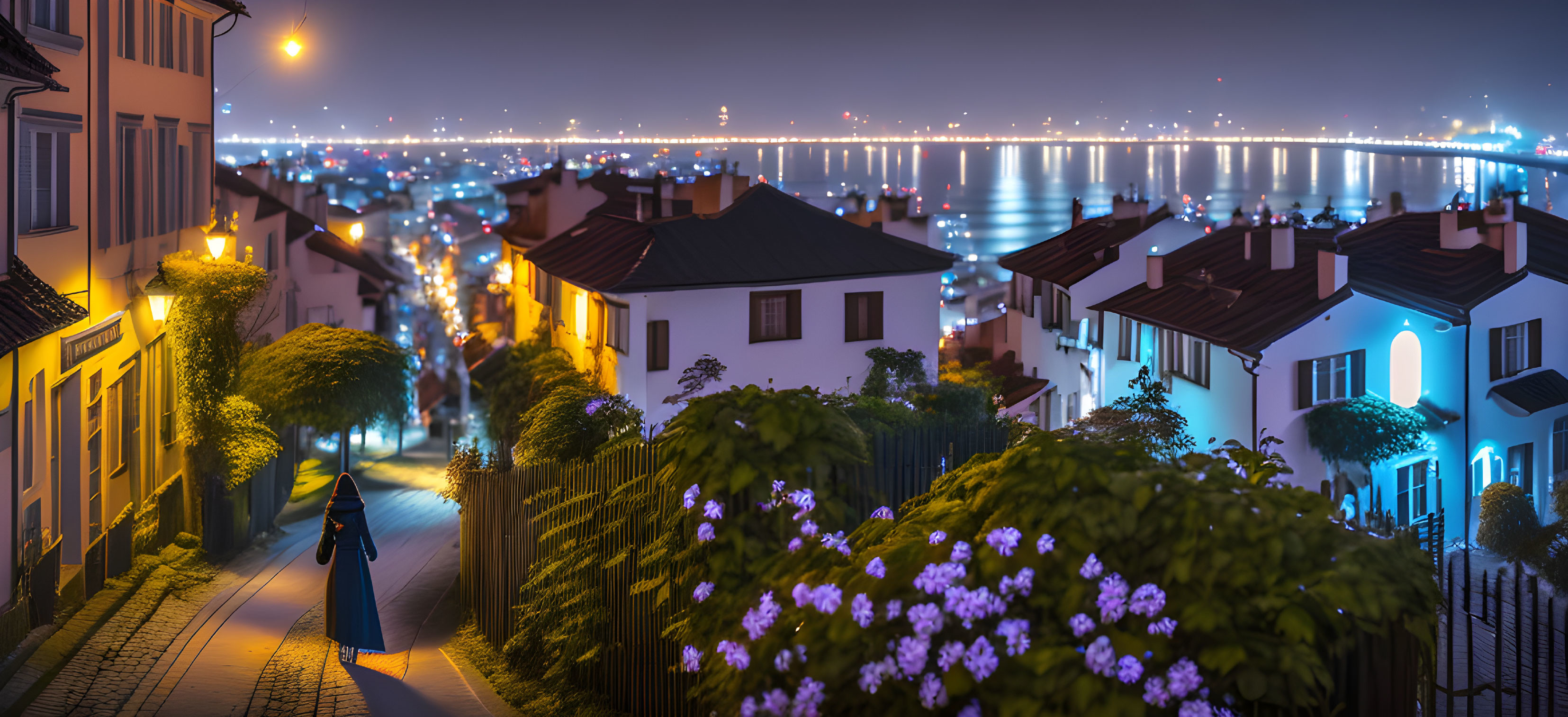 Cobbled street at night with houses and shimmering water