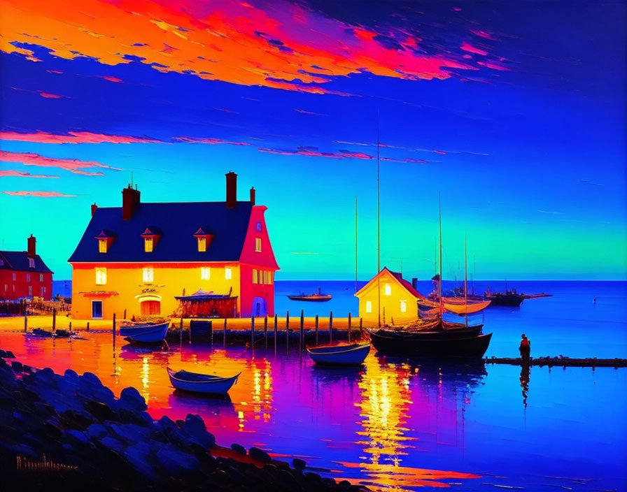 Colorful sunset over seaside village with boats and lone figure