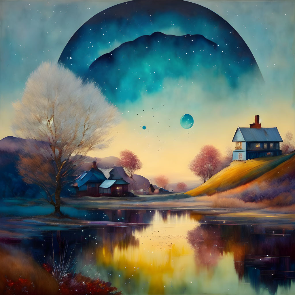 Tranquil village landscape with lake under starry night sky